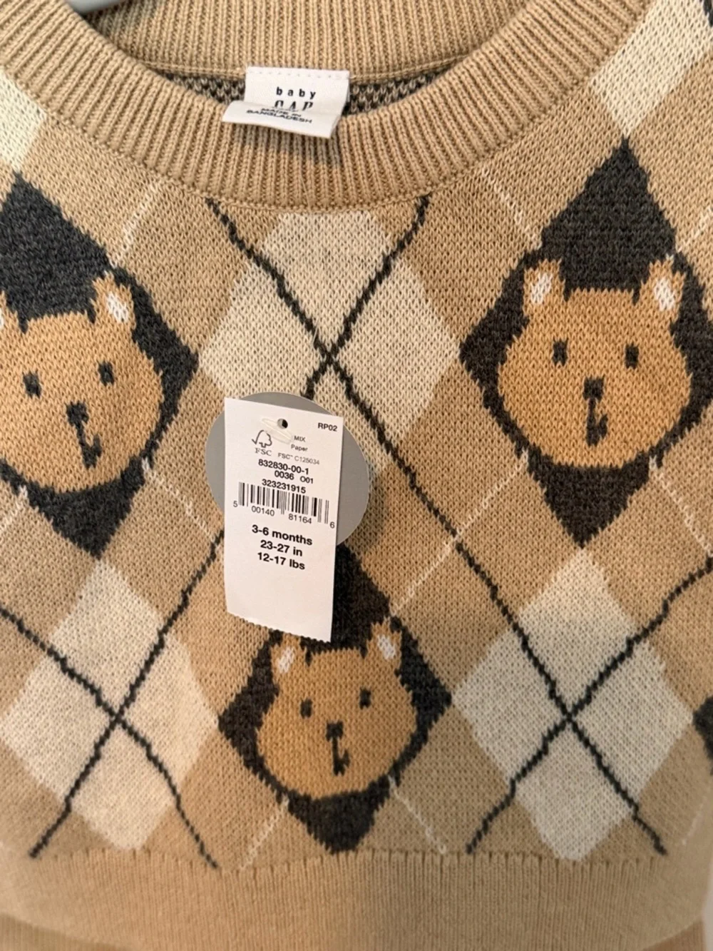 NWT babyGAP Brannan Bear Argyle Sweater Set Size 3-6 months